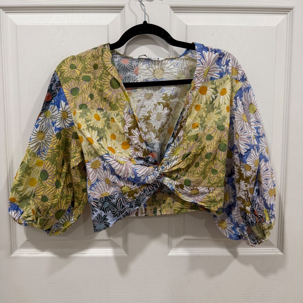 Zara Patchwork Daisy Floral Twist Front Crop Top Balloon Sleeve Small